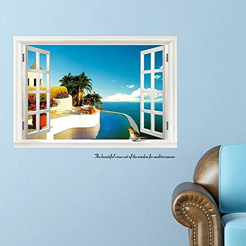 Autocollant mural 3D amovible en vinyle d'une fausse fenêtre avec une vue sur la mer
