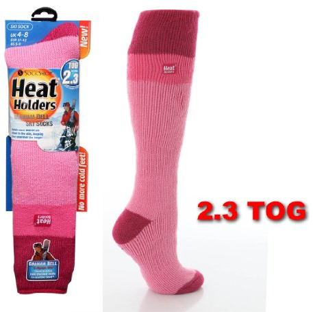 HEAT HOLDERS Womens Long L.Pink/Rasberry Ski Socks 4-8