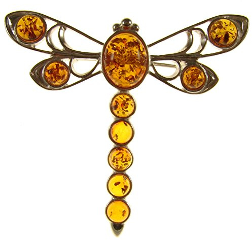 Baltic amber and sterling silver 925 cognac dragonfly brooch pin