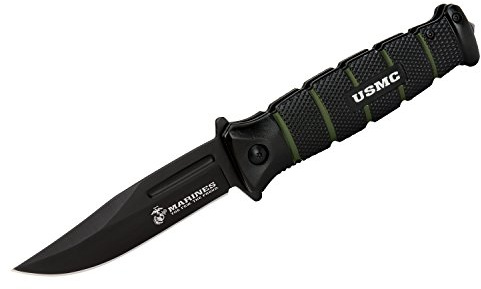 USMC Black and Green Assisted Opening Combat Pocket Knife - Black Stainless Steel Blade, Textured Aluminum Handle, Pocket Clip, Glass Breaker, For Tactical Everyday Carry - Closed Length 4 1/2