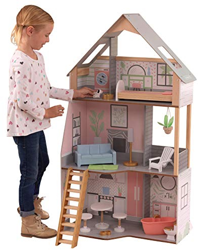 KidKraft Alina Puppenhaus aus Holz mit Möbeln und Zubehör für 30 cm große Puppen, 3-stöckiges Spielset mit Hund und beweglichen Treppe, Spielzeug für Kinder ab 3 Jahre, 10229