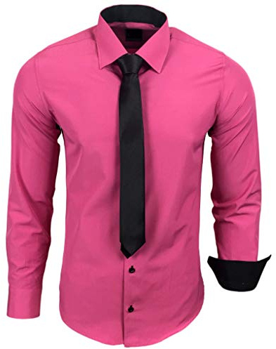 Baxboy 444-BK Herren Kontrast Hemd Business Hemden mit Krawatte Hochzeit Freizeit Fit, Farbe:Pink, Größe:5XL