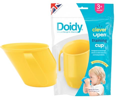 Doidy Cup, 3 Months +, Baby & Toddler First Open Beaker, Unique Slanted Design for Training & Learning to Drink, weaning Essentials for Milk & Water (Trainer Cup, Yellow)