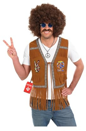Fun Shack Brun Hippieväst för Män, Herr Fransad Väst med Broderade Fredssymboler, Maskerad Karneval Temafest