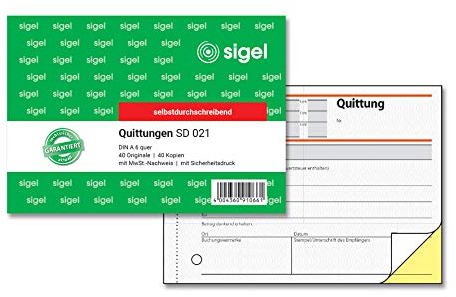 SIGEL SD021 Quittungsblock A6 quer, 2x40 Blatt, selbstdurchschreibend, mikroperforiert, aus nachhaltigem Papier