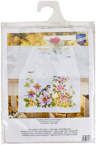 VERVACO Stickpackung Tischläufer Zählmusterpackung Kreuzstich Frühlingsstimmung Stickläufer zum Selbersticken Bastelset Handwerker Kreativ Set für Erwachsene 32 x 84 cm Kreatives Geschenk
