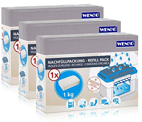 3x Wenko Nachfüllpackung Feuchtigkeitskiller Raum-Entfeuchter, 1kg Granulat