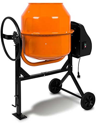 EBERTH 140L Betoniera Elettrica Mobile (550W Motore Miscelatore,Cilindro e Ingranaggio in Ghisa, Impastatrice Cemento, 230V, Telaio in Acciaio, Manovella Bloccabile, 2 Ruote di Gomma)