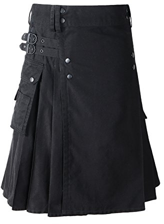 Lucasini Scottish Cotton Kilt Deluxe Tartan Goth Outdoor Utility Kilts Highland Skirt (30, Black/Black Button)