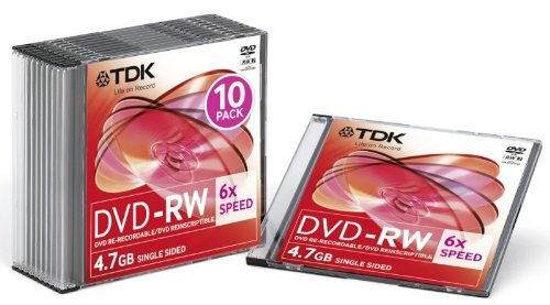 TDK T19855 - Confezione da 10 dischi DVD-RW riscrivibili, 4,7 GB, velocità 2x-6x, con custodia Jewel