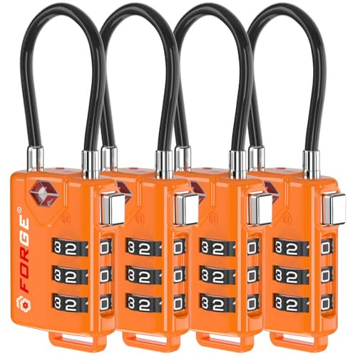 TSA Approved Cable Luggage Locks, Re-settable Combination with Alloy Body, Orange 4 Locks.
