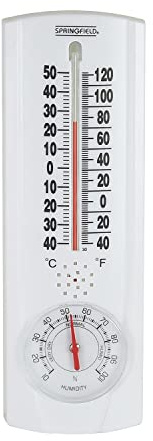 Springfield Vertical Thermometer and Hygrometer, Wireless Indoor Outdoor Thermometer, Humidity Meter for Patio, Garden, or Nursery area, 9.125-Inch, White