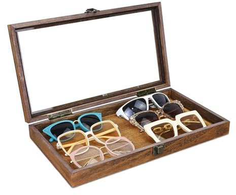MOOCA Natural Wood Tempered Glass Top Jewelry Display Case Accessories Storage Box with Metal Clasp, Wooden Jewelry Tray for Collectibles, Pocket Knife Display Case, Brown