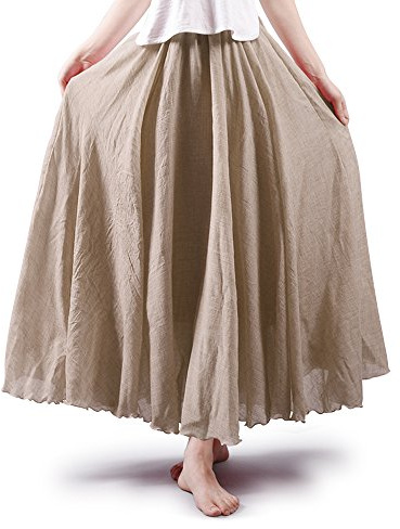 Phorecys Femme Jupe Boheme Tour de Taille Elastique Casual en Coton Lin Dress Beige 95CM Length