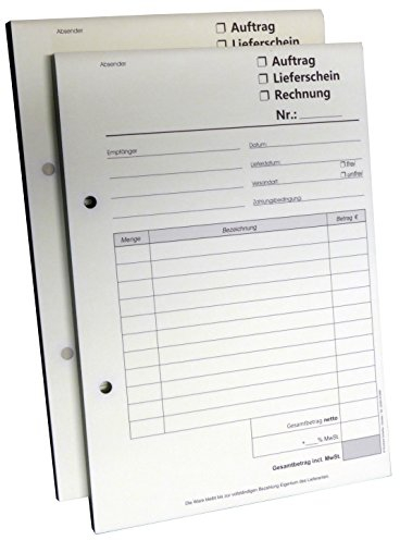 1x Kombiformular-Auftrag - Lieferschein - Rechnung DIN A5, 3-fach selbstdurchschreibend, 3x30 Blatt weiß/grün - gelocht (22519)
