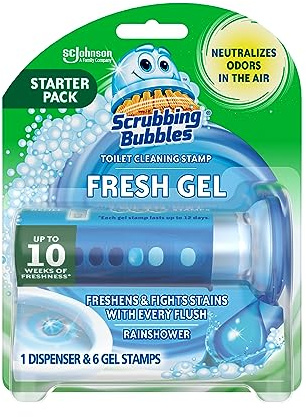 Scrubbing Bubbles Fresh Gel Toilet Bowl Cleaning Stamps, Helps Keep Toilet Clean and Helps Prevent Limescale & Rings, Rainshower Scent, 1 Dispenser with 6 Fresh Gel Stamps