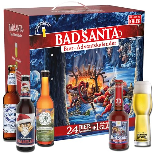Kalea | Bieradventskalender 2025 | Edition Bad Santa | 24x0,33l Deutsche Bier-Spezialitäten | Inkl. Verkostungsglas | Geschenkidee zur Vorweihnachtszeit für Bierliebhaber | Männer | Frauen