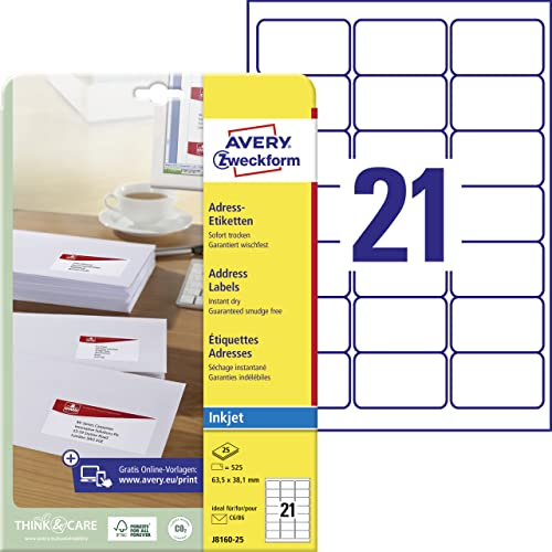 AVERY Zweckform J8160-25 Adressetiketten/Adressaufkleber (525 Etiketten, 63,5x38,1mm auf A4, bedruckbar, selbstklebend, für DIN B6/C6 Briefkuverts, Papier matt, Inkjet-Drucker) 25 Blatt, weiß
