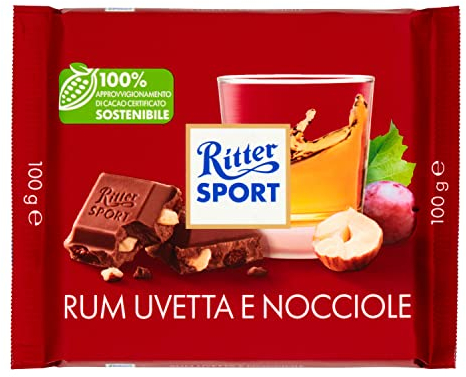Ritter Sport Rum Trauben Nuss (12 x 100 g), Vollmilchschokolade mit echtem Jamaika-Rum, fruchtigen Trauben und Nussstückchen, Schokolade mit Rum-Aroma