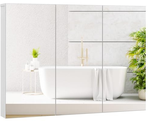 Tangkula Mirrored Medicine Cabinet, Large Wide Wall Mounted Storage Cabinet with 3 Mirror Doors, Hanging Bathroom Organizer, White, 34.5 x 5 x 25.5 Inches