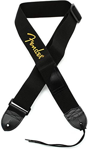 Fender Embroidered Logo Guitar Strap, 2 wide Polyester with Reinforced Leather Ends and Convenient Pick Storage Pocket, Black/Yelllow