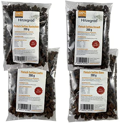 Hitzegrad 100% Fleisch Softies Glutenfreies Trainingsleckerli für Hunde 4er Pack (4x 200g) 200g Kaninchen, 200g Strauß, 200g Lachs, 200g Gans
