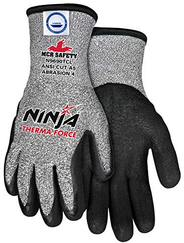 MCR Safety N9690TCS Ninja Therma Force Insulated Cut Resistant Work Gloves, Bi-Polymer Coated Palm and Fingertips, 13 Gauge Dyneema Diamond Shell, Acrylic Terry Liner for Warmth, Gray, Small