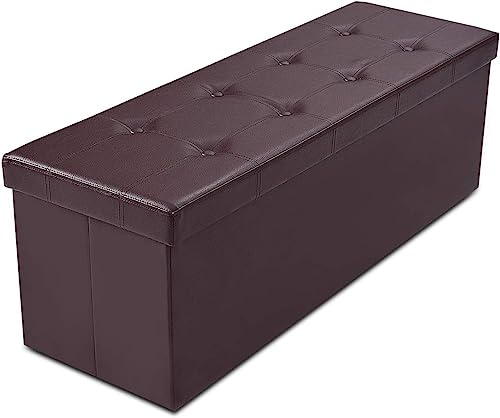 BARGAINS-GALORE Large Ottoman Faux Leather Bench Stool | Folding Seat Footstool Chest Foldable | Storage Box Foot With Lids For Kids Toys, Bedroom, Hallway, Living Room (Triple, Brown)