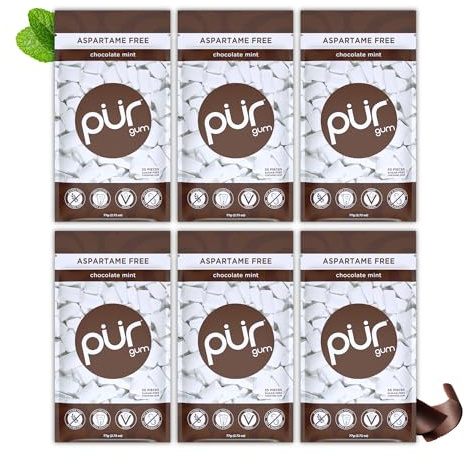 PUR Gum | Sugar Free Chewing Gum | Made with Xylitol | Vegan, Aspartame Free, Gluten Free and Keto Friendly | Natural Chocolate Mint Flavoured Gum, 55 Pieces (Pack of 6)