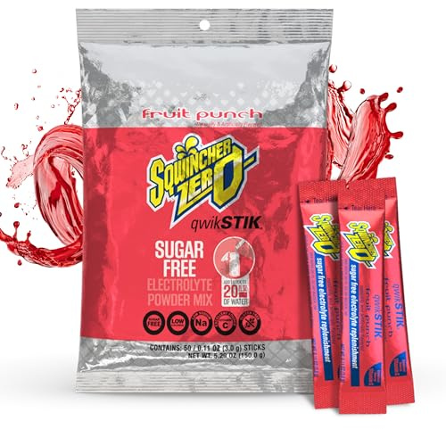 Sqwincher Zero Qwik Stik, Fruit Punch, Sugar Free, Low Calorie, Low Sodium Electrolyte Powder Hydration Drink Mix, .11 0z Packet (Pack of 50)