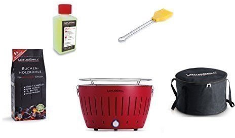 LotusGrill STARTER KIT 1x rosso fuoco 1x CARBONE LEGNO FAGGIO 1Kg, 1x sterno 200ml, 1x Pennello Marinata GIALLO MAIS, 1x Borsa trasporto - Der raucharme Barbecue a carbone/GRIGLIA DA TAVOLO VARIE