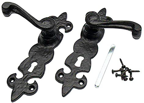 Merriway BH01855 Black Antique Fleur-de-Lys Design Lever Lock Door Handles, 195 mm x 50 mm