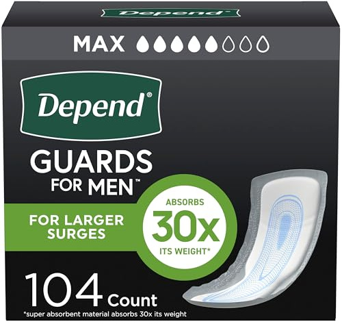 Depend Incontinence Guards/Bladder Control Pads for Men, Maximum Absorbency, 104 Count (2 Packs of 52) (Packaging May Vary)