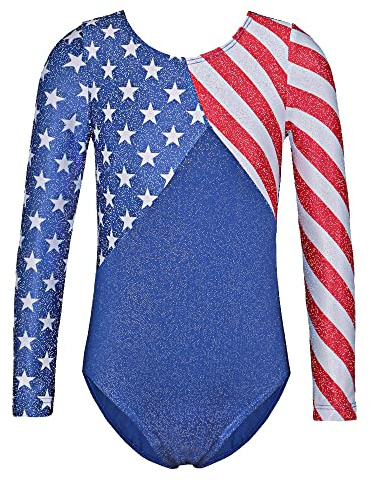 TFJH E One-Piece Girls Gymnastics Leotards Toddler Long Sleeve Ballet Dance Shirt Red Stripe USA Flag 146 Star 6A