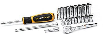 GearWrench 80327 1/4 Drive 6 and 12 Point Standard, Deep Metric Mechanics Tool Set, 22 Piece