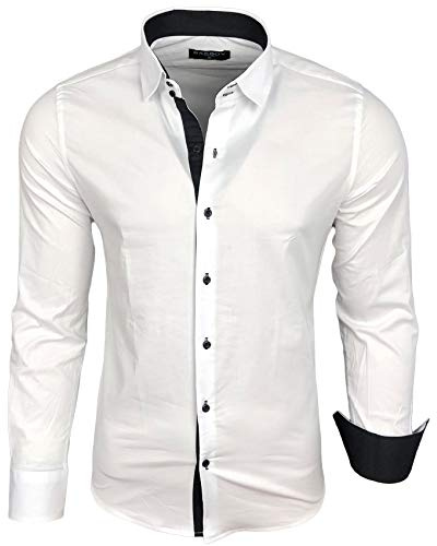 Baxboy Camicia da uomo a maniche lunghe, Slim Fit, facile da stirare, per lavoro, tempo libero, matrimonio/Con colletto Kent, modello B-500, bianco - nero, XXL