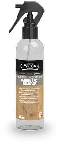 WOCA Denmark Tannin Spot Remover – Neutralizes Black Water Stains on Oak & Wood | Water-Based | Indoor/Outdoor Use | Ready-to-Use Spot Cleaner for Acid/Tannin Marks- 0.25L Spray