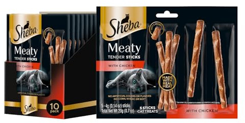 Sheba Meaty Tender Sticks Chicken Cat Treats, Chicken Flavor, Cat Snacks, 0.14 oz., 5 Count, Pack of 10 (50 Sticks Total)