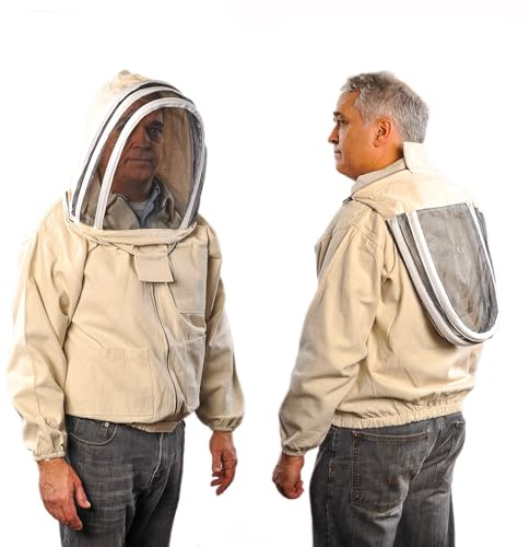Bee Jacket with Veil - Natural Canvas Bee Suit Jacket with Elastic Waist & Cuffs, YKK Brass Zippers, 3 Utility Pockets. Removable Hood Interchangeable with Forest Beekeeping Suit.(Medium)