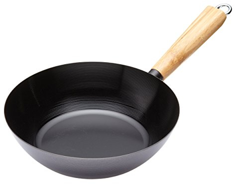 KitchenCraft World of Flavours Induction Safe Non Stick Wok with Wooden Handle, Carbon Steel, 25 cm