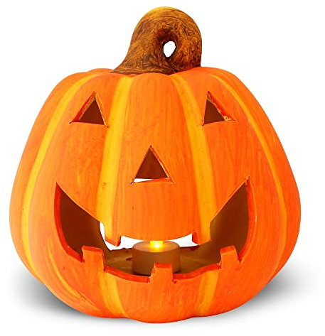 Kürbis-Deko als Keramik Halloween-Deko LED Set in 19x20 cm - Jack Lantern Halloween-Kürbis als beleuchtete Outdoor Grusel-Deko - Kürbis Laterne als innen Herbst-Deko oder Garten-Deko Windlicht