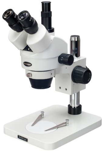 AmScope SM-1TS Professional Trinocular Stereo Zoom Microscope, WH10x Eyepieces, 7X-45X Magnification, 0.7X-4.5X Zoom Objective, Ambient Lighting, Pillar Stand