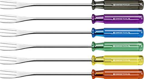 PB Swiss Tools 3-zackiges Fonduegabel Set PB 4040 | 100% Swiss Made | 6-teiliges Fonduegabel Set mit Schraubendreher Griff für Käse- oder Schokoladenfondue
