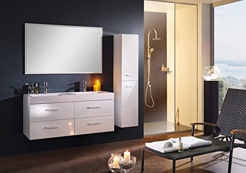 Bad11® - Set di mobili da bagno Hellas, set di mobili da bagno bianco lucido, con doppio lavabo in ghisa minerale, ampio specchio e armadio alto, possibili varianti: bianco/nero/grigio
