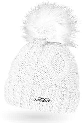 Neverless gefütterte Damen Strickmütze mit Fell-Bommel und Fleece-Futter, Kunstfell, Winter-Mütze, Bommelmütze, Weiss Unisize
