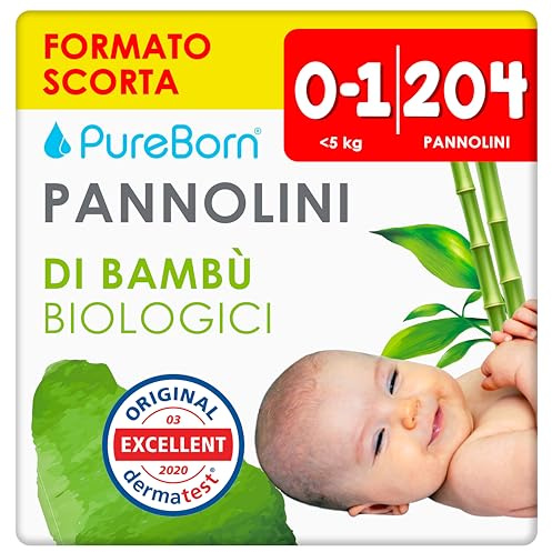 PureBorn 204 Pannolini Taglia 1 (0-5 kg), Ipoallergenico, Ultra assorbente, Pannolini neonati 0-3 mesi, Dermatologicamente testato, Anti Perdita, pannolino di alta qualità naturali bambù
