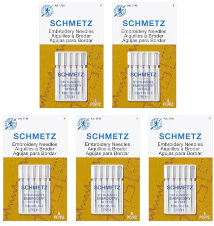 Schmetz 25 Embroidery Sewing Machine Needles, Size 75/11, 130/705H-E