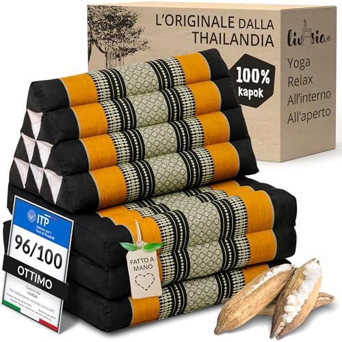 livasia cuscino a cuneo kapok - 175x50x8cm - materasso pieghevole a 3 segmenti, cuscino per la schiena pieghevole, tappetino thai, fatto a mano (Nero/Arancione)