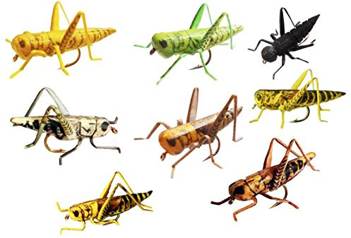Grasshopper Flies - Lifelike Hopper Fishing Flies - Set of 8 - Tan, Yellow, Green, Gray, Brown, Yellow/Black, Black Cricket (Assorted, Size 8)