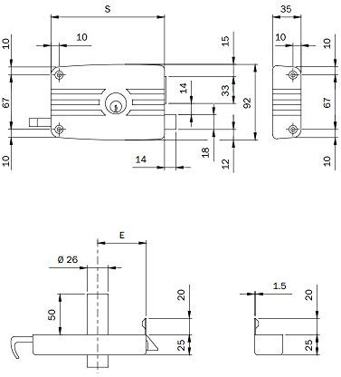 Cerradura Fer de sobreponer Art. 432 Cerradura para madera, Cilindro Interior fijo, scrocco SEPARATO con tirante interno y reclamo con llave exterior. dotata de boquilla, abrazadera y tres llaves.